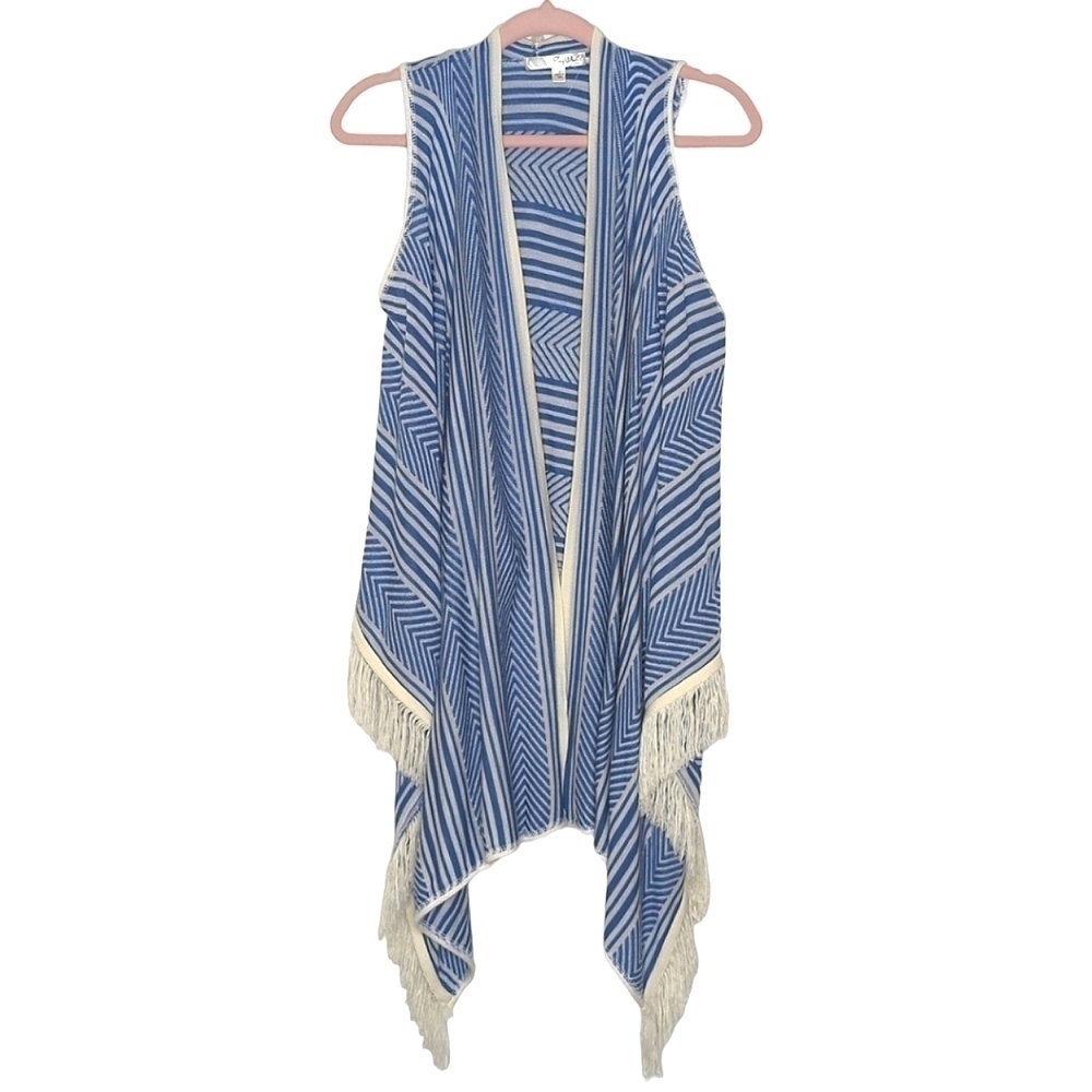Say What? Chevron Stripe Fringe Vest Blue White Boho Festival Hippie